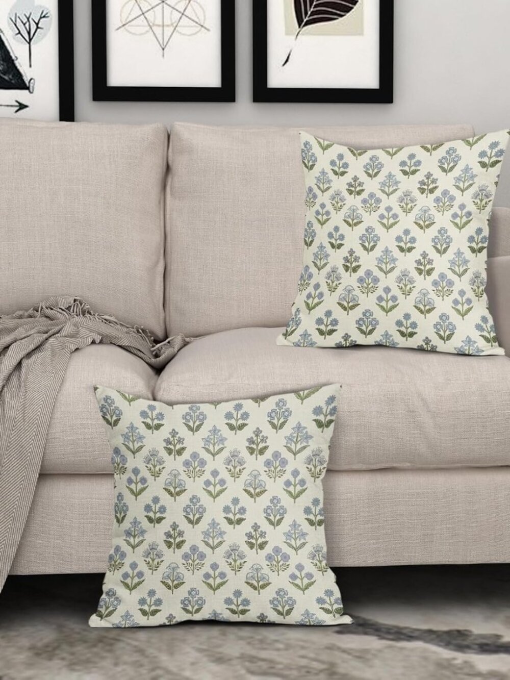 Blue Green Block Print Pillow Covers 18x18 Inch Set of 2, Vintage Floral Spring - Picture 2 of 8